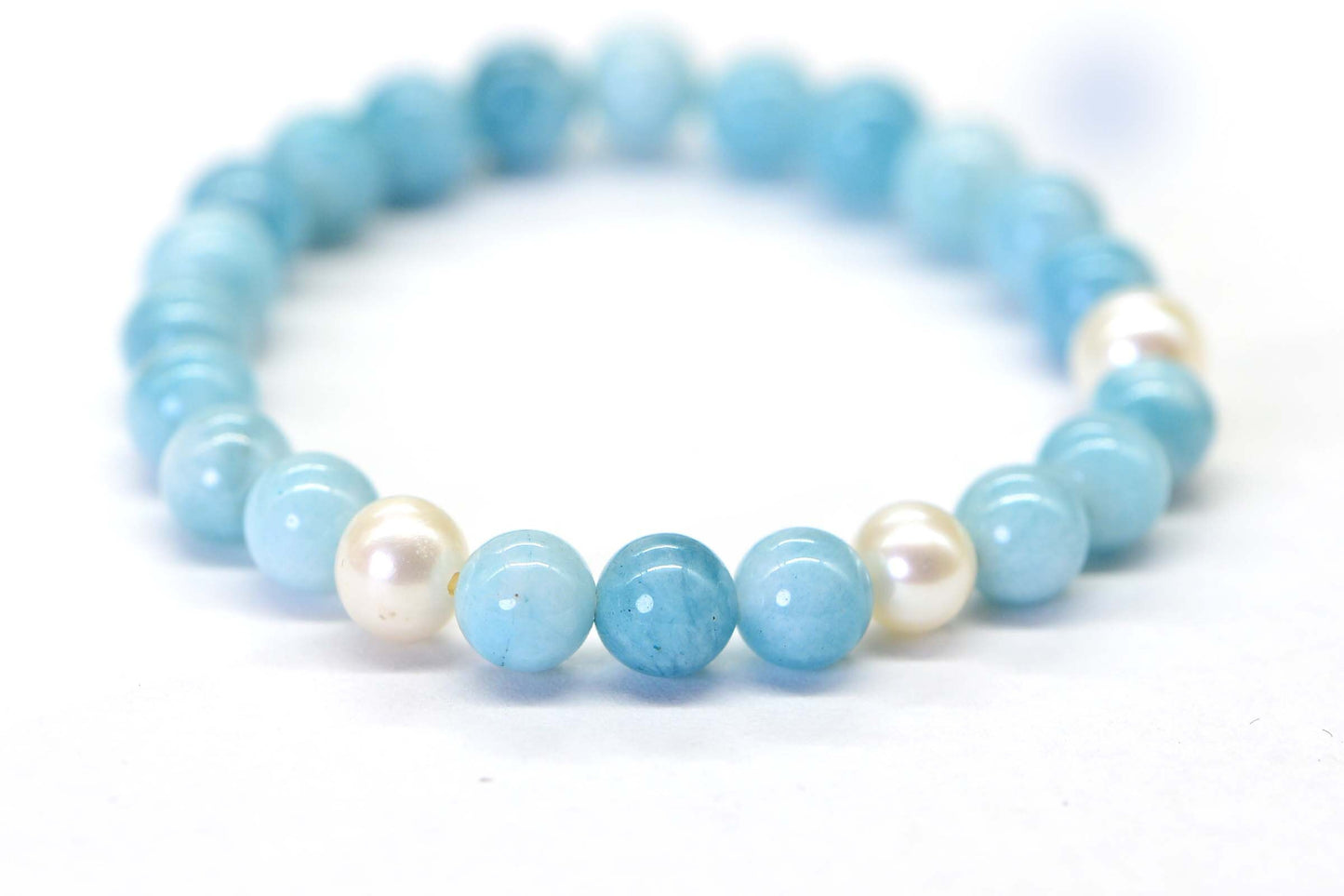 Larimar Quartz Three Freshwater Pearl 6mm Round Beads Bracelet Stretch Cord