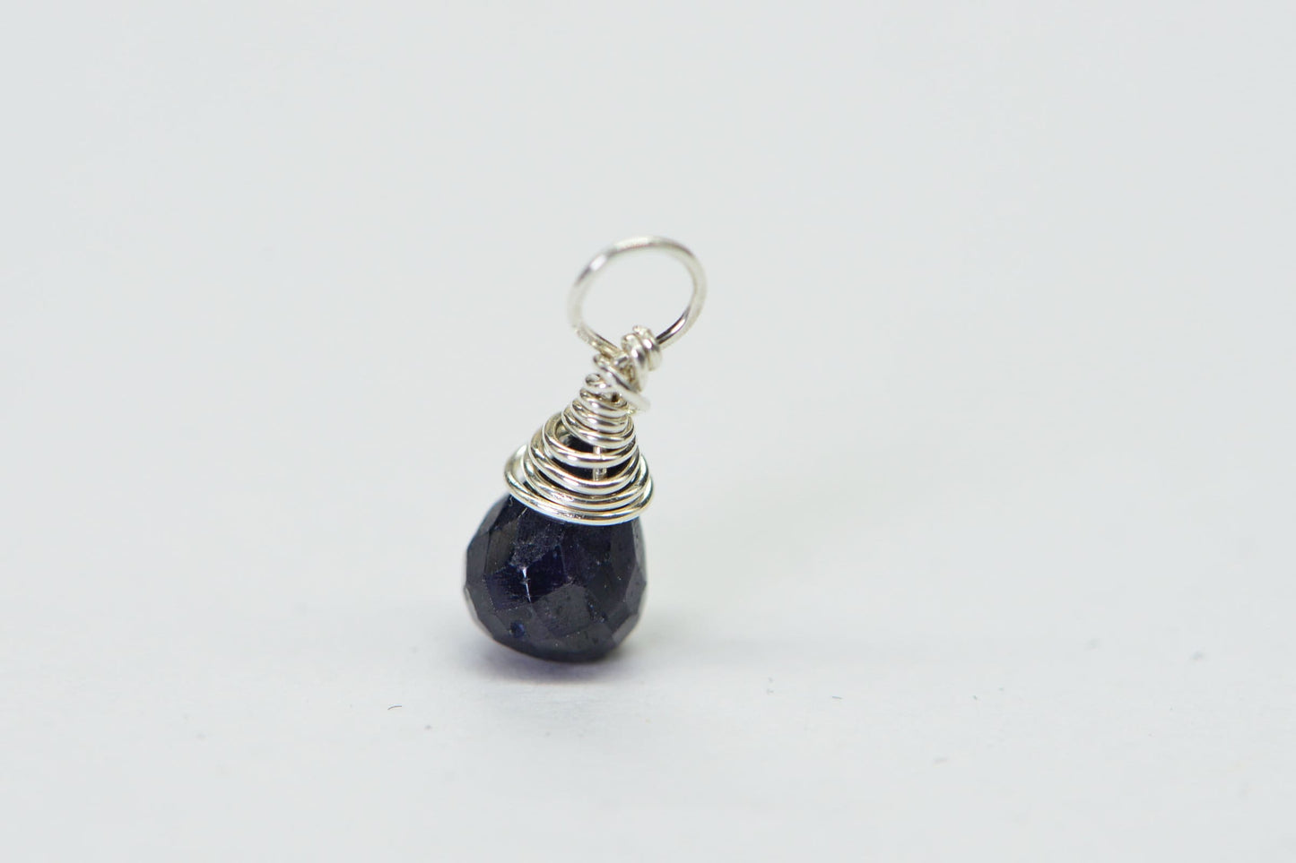 Sapphire Briolette Pendant, Sterling Silver Wire Wrapped Charm