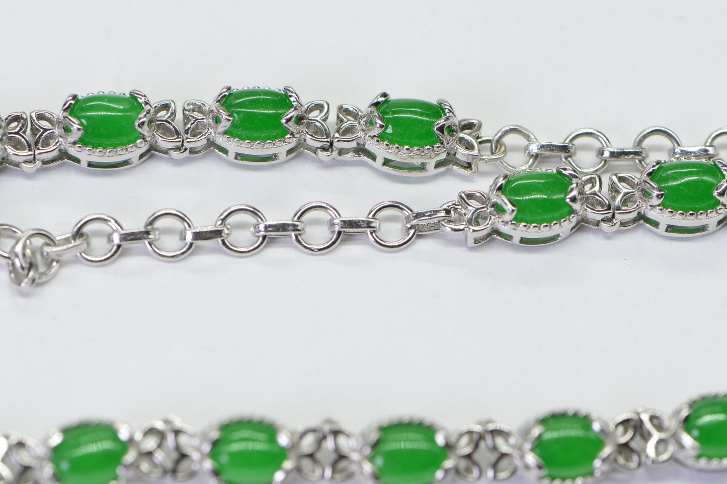 Apple Green Jade Link Necklace, Sterling Silver Leaf Design