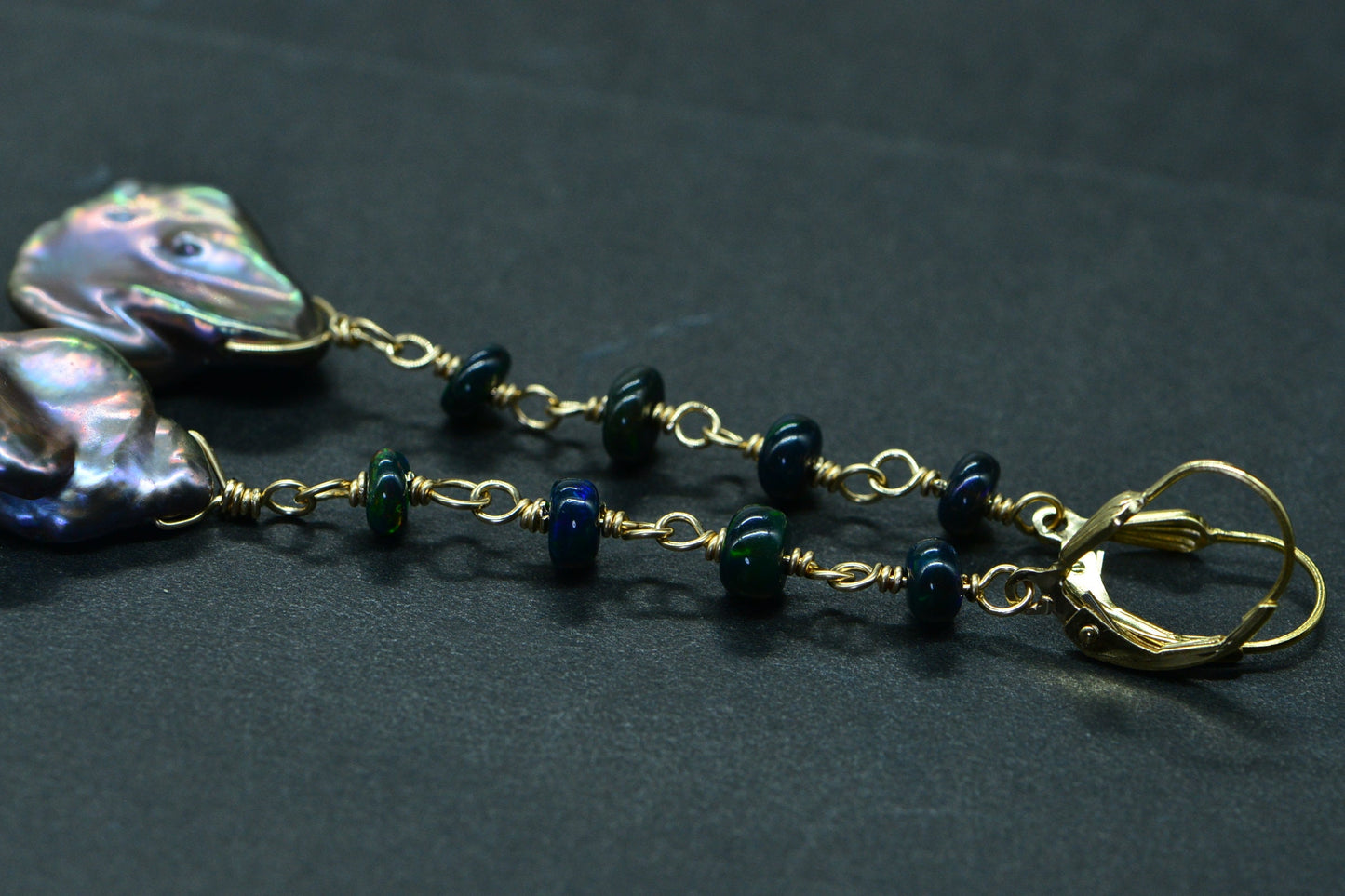 Ethiopian Opal Dangle Earrings, Keishi Pearl, 14K Gold Filled