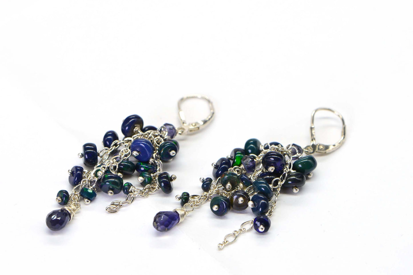 Black Opal Chandelier Earrings, Iolite, Sterling Silver, October Birthstone