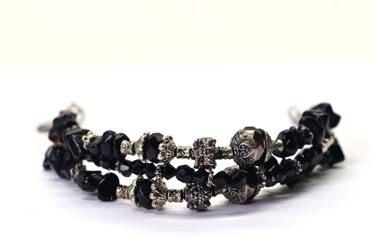 Boho Black Onyx Bracelet: Antique Silver Crystal Multi Strand