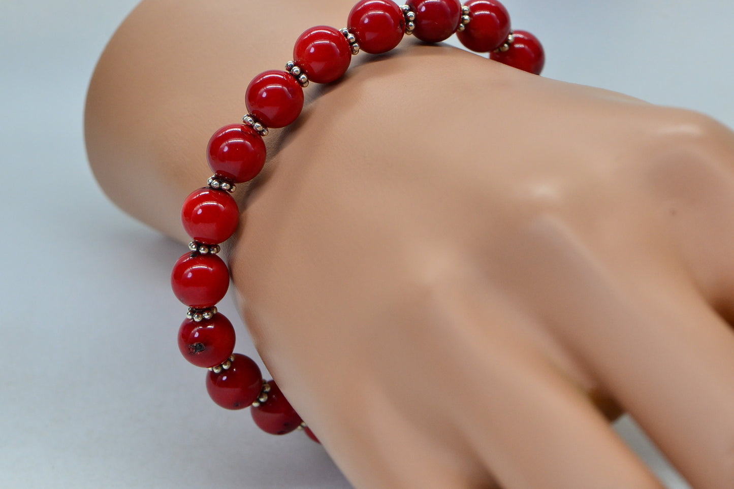 Red Coral Beaded Bracelet: Sterling Silver, 8mm Bamboo Beads