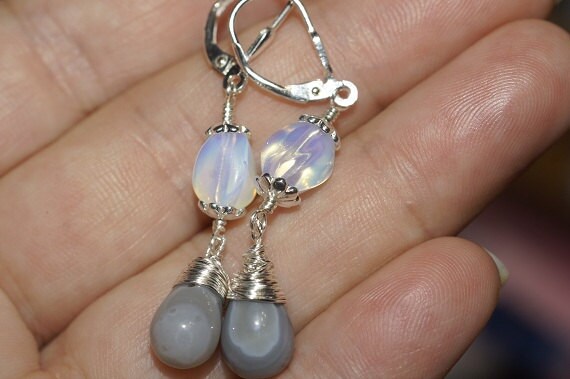Blue Moon Agate & Opalite Sterling Silver Dangle Earrings