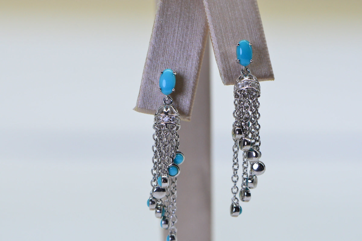 Arizona Turquoise Sleeping Beauty Earrings Chain Cascade Cluster Sterling Silver Earrings Birthstone Jewelry
