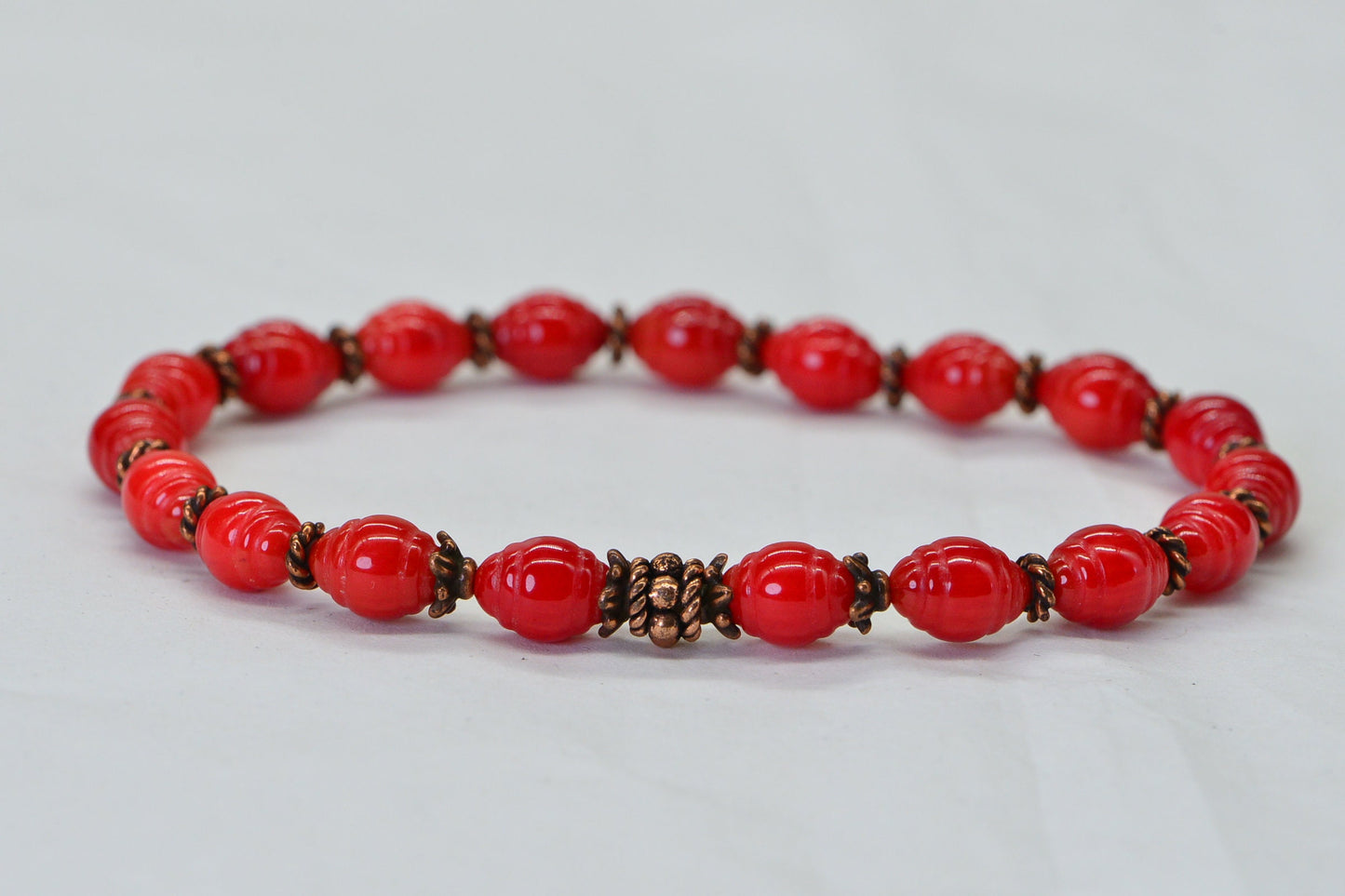 Bamboo Red Coral 8mm Beaded Stretch cord 3mm flower heishi copper Yoga Gift Bracelet