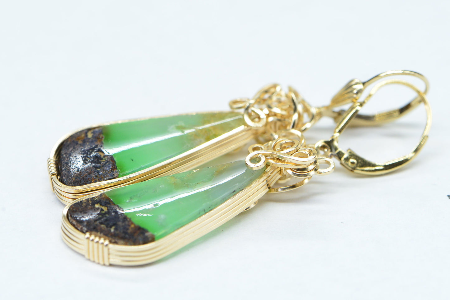 14K Gold Wire Wrapped Chrysoprase Earrings, Australian Teardrop Gemstone