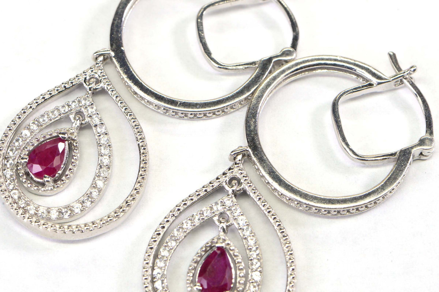Ruby Pear Drop Hoop Earrings: Diamond Accent, Sterling Silver, July Birthstone