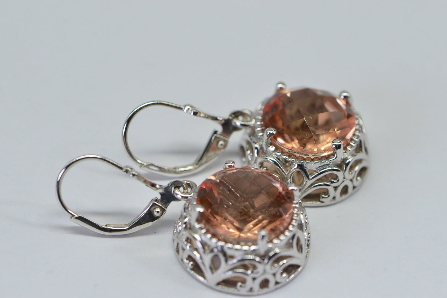 Morganite Large Round Cut Stone Dangle Earrings in Sterling Silver Birthstone Gemstone