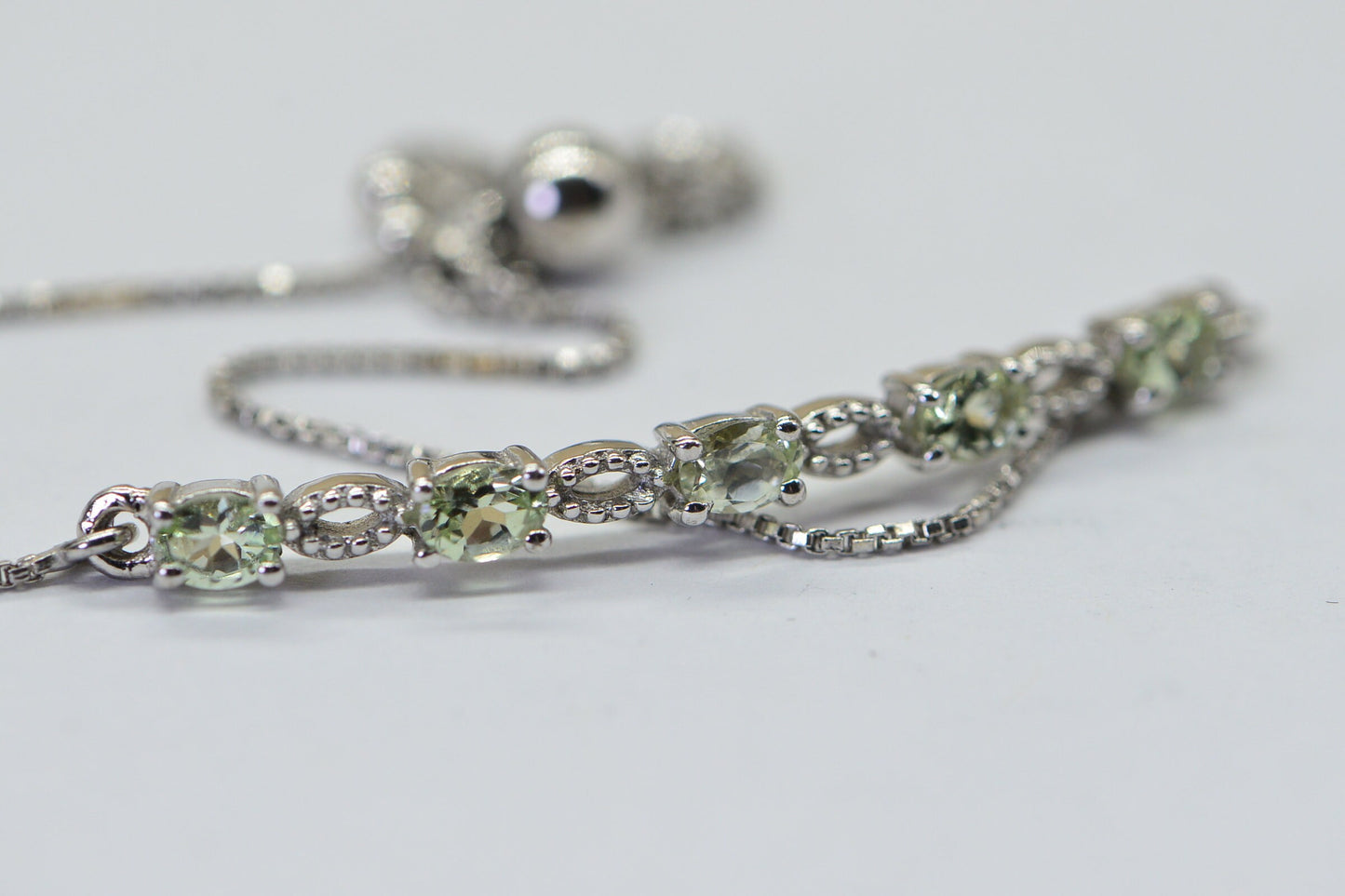Green Amethyst Bolo Bracelet: Rhodium Over Sterling Silver, Adjustable