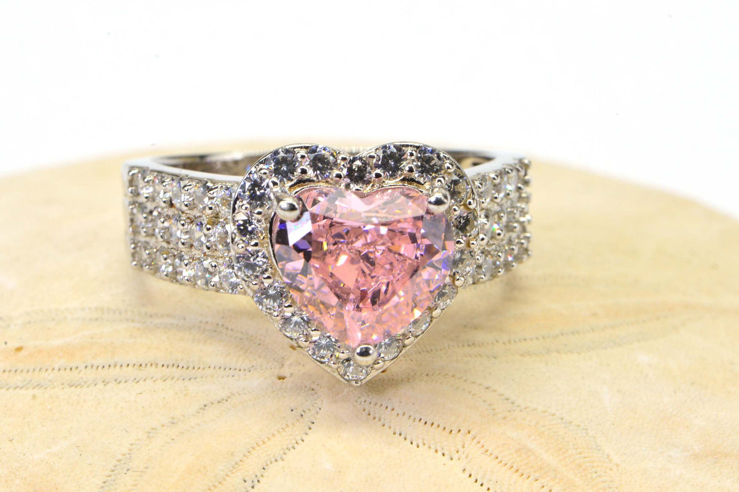 Sakura Pink Heart Ring: Sterling Silver Halo Ring, CZ Diamond Cut