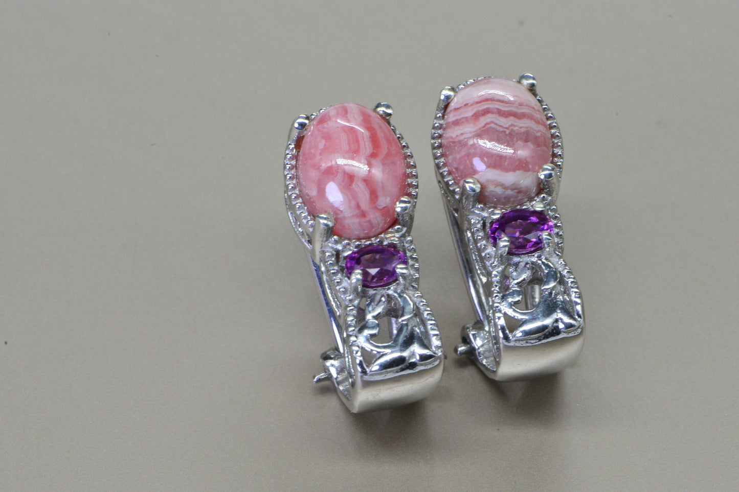 Rhodochrosite and Rhodolite Garnet Carved flower Omega Loop Back Earrings Oval Hot Pink Gemstone
