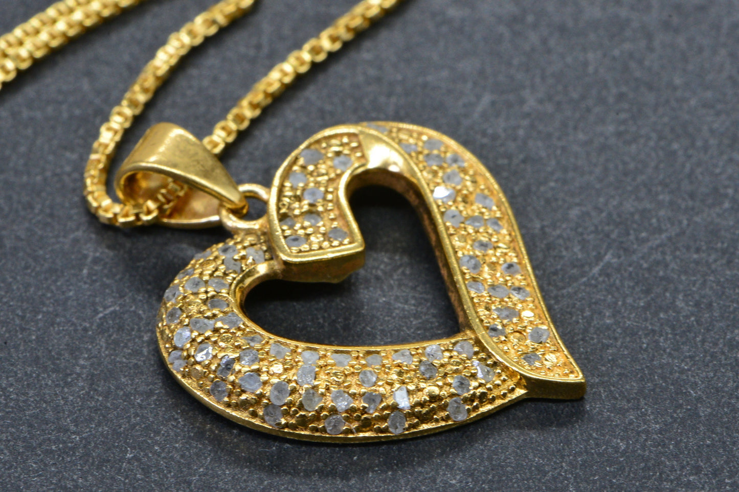 Salt and Pepper Diamond Heart Pendant Necklace: 24K Gold Over Sterling Silver