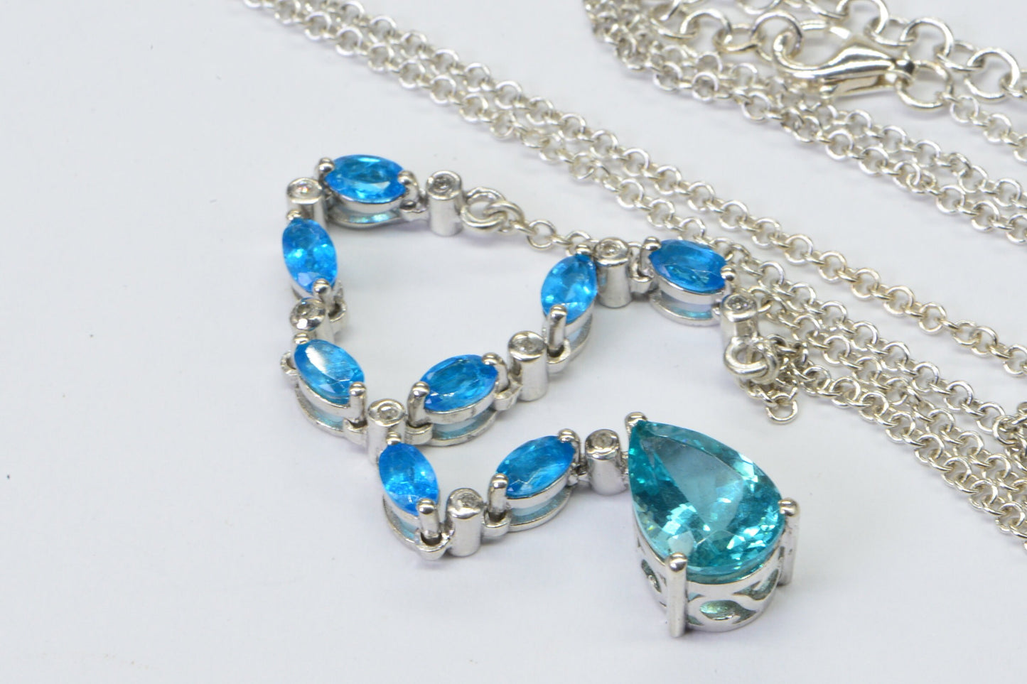 Apatite Diamond Lariat Necklace: Sterling Silver Teardrop Gemstone
