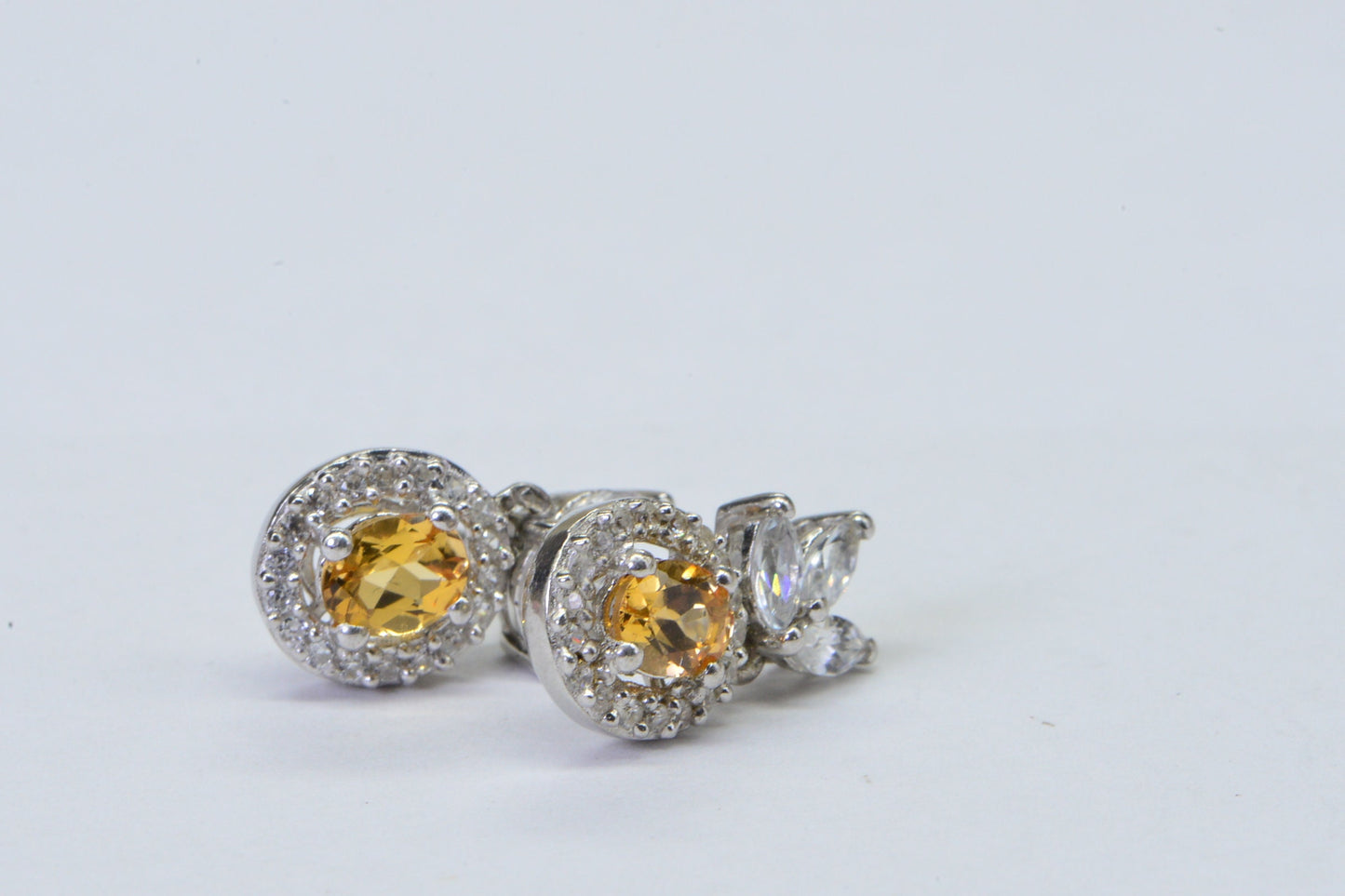 Citrine Stud Earrings, Halo Diamond, Sterling Silver Flower