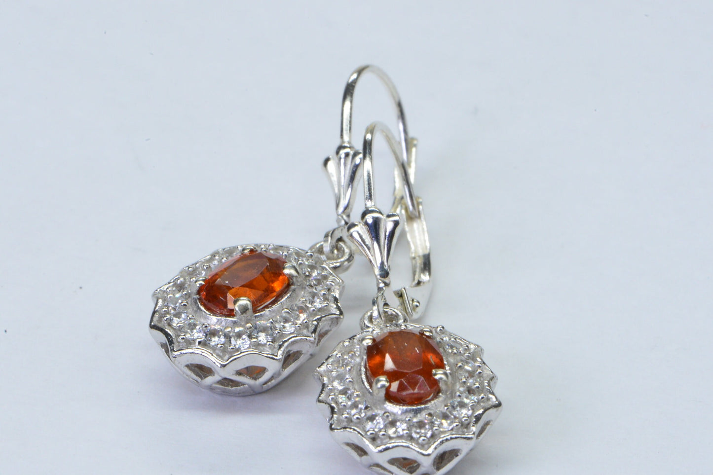 Mexican Fire Opal Sterling Silver Dangle Earrings: Diamond Halo, Vintage Style
