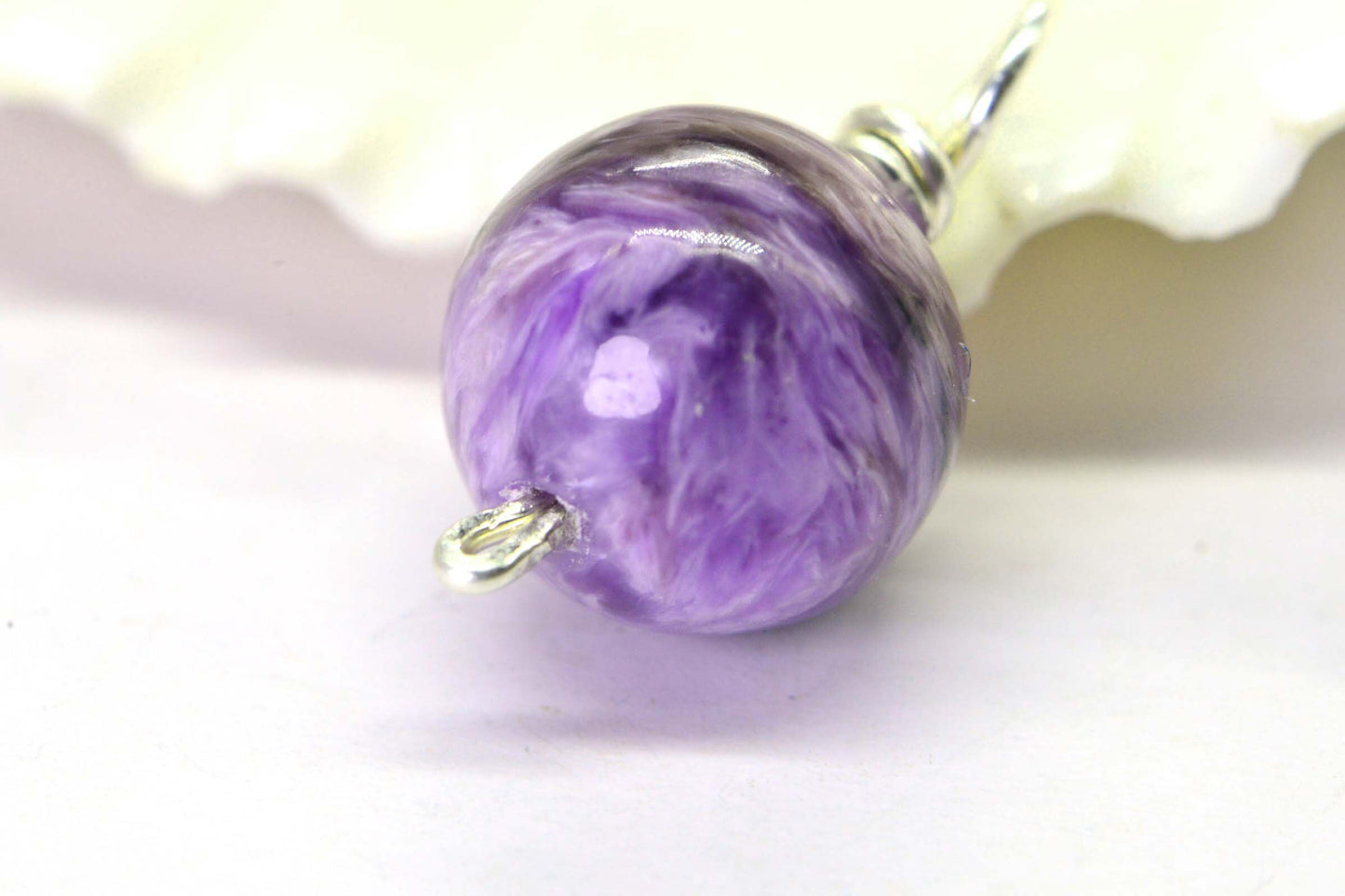 Russian Charoite Charm Pendant 9 mm Wire Wrapped In Sterling Silver