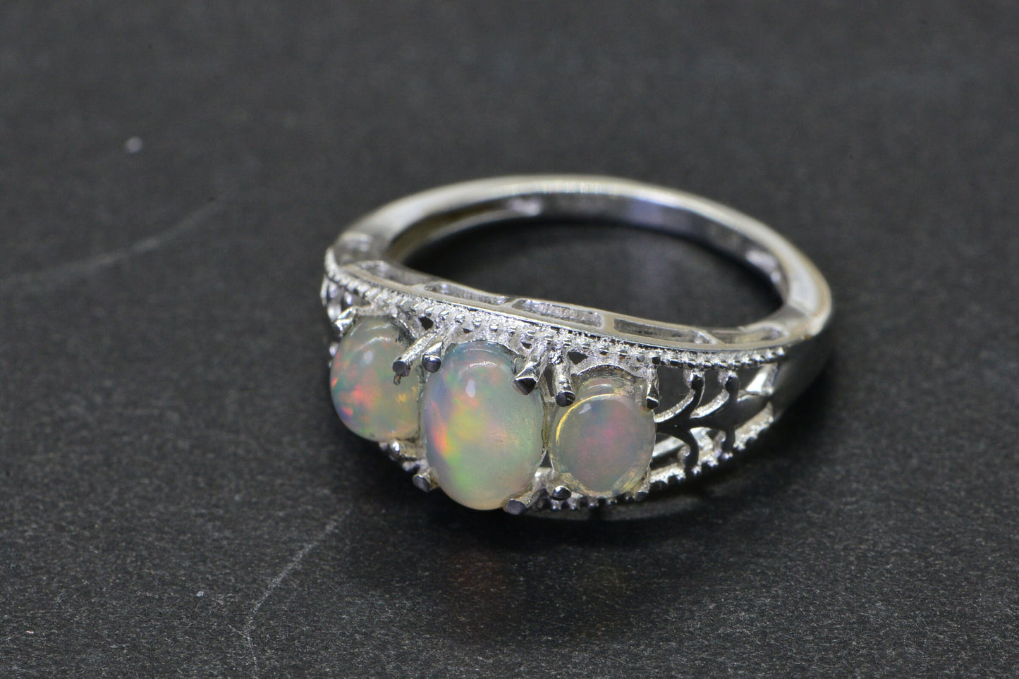 Trilogy Ethiopian Welo Opal Ring Sterling Silver ,October Birthstone, Victorian style ring size 5