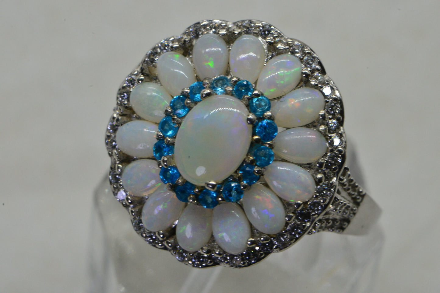 Australian Opal Flower Ring: Sterling Silver, Neon Apatite Halo