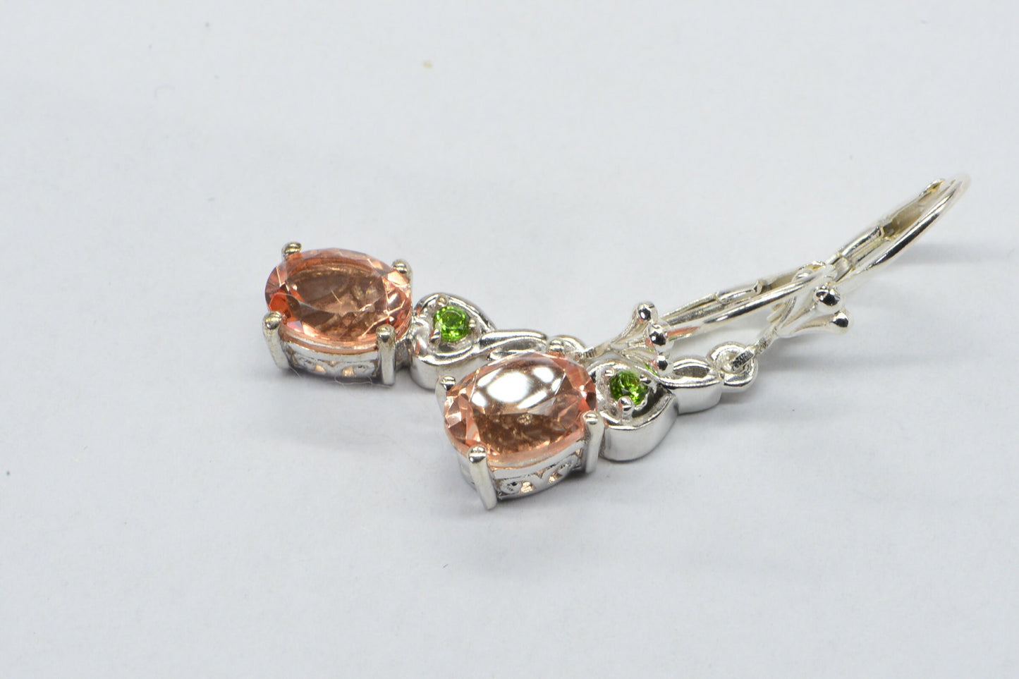 Pink Morganite Teardrop Earrings, Chrome Diopside, Sterling Silver