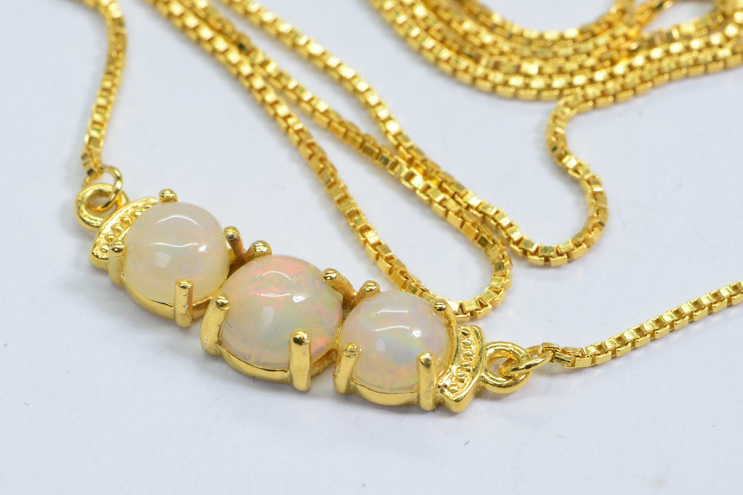 Ethiopian Welo Opal Necklace: 24K Gold Electroplated Three Stone Bar