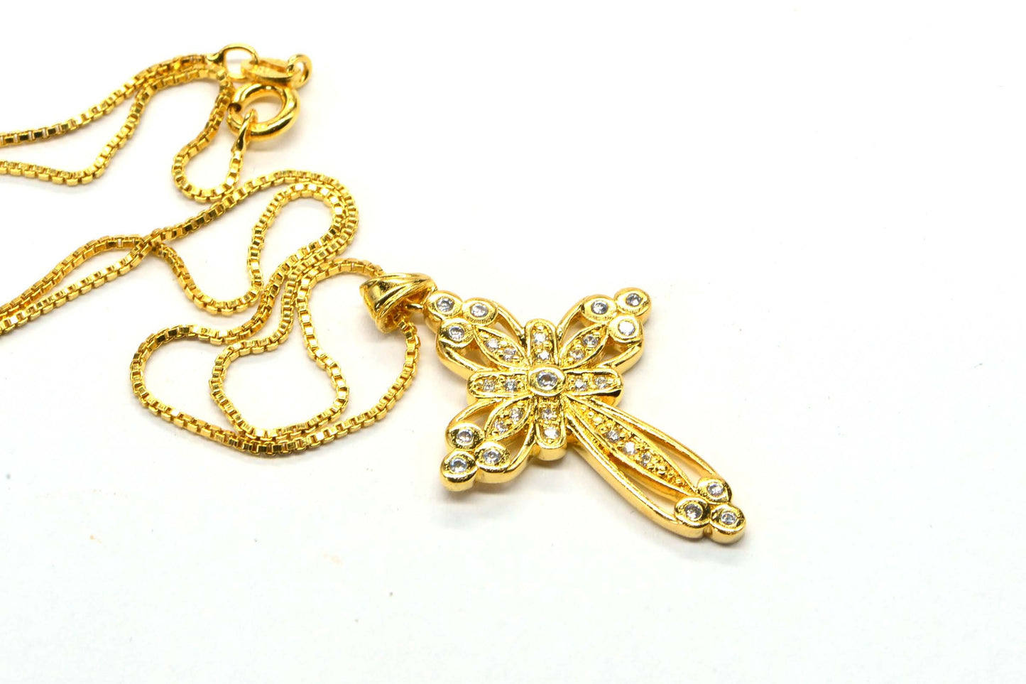 24K Gold Over Sterling Silver Cross Necklace: Simulated Diamond Pendant