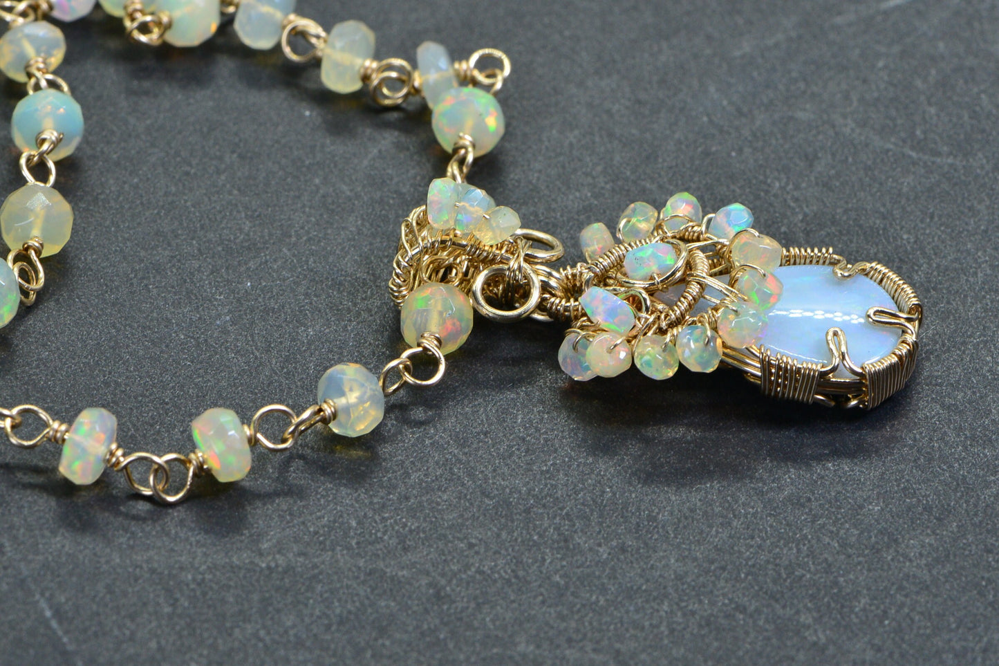 Australian Opal & Ethiopian Welo Opal Necklace, 14K Gold Filled Wire Wrapped Pendant