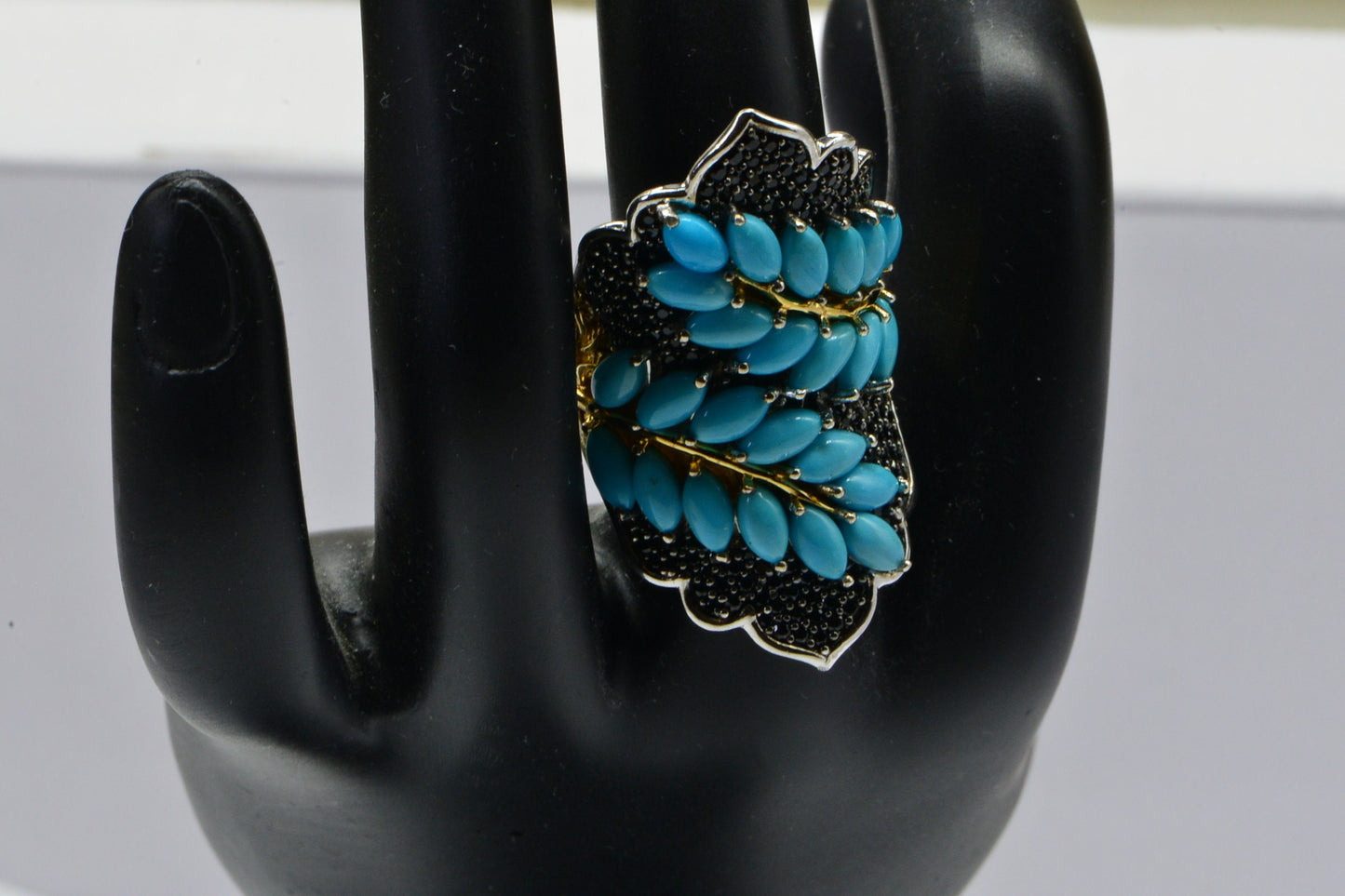 Arizona Turquoise & Black Spinel Cluster Ring, 14K Gold Over Sterling Silver