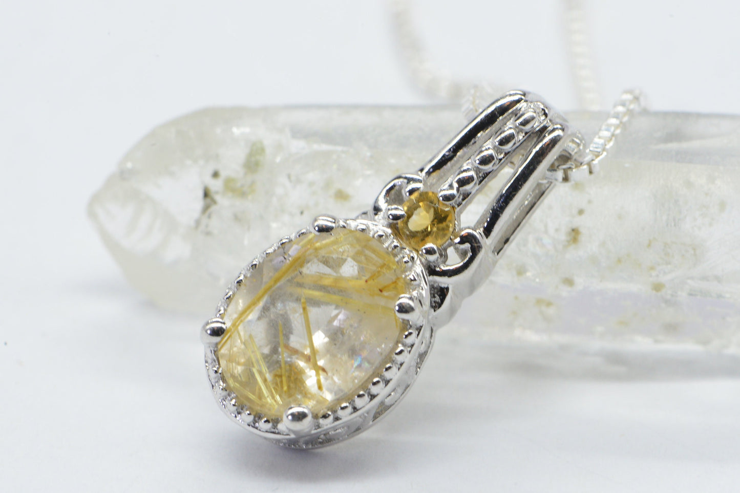 Golden Rutilated Quartz and Citrine Sterling Silver Pendant Necklace Extra Small Pendant