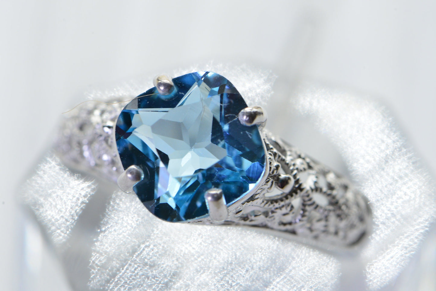 Blue Topaz Cushion Stone Ring: Filigree Rhodium Sterling Silver