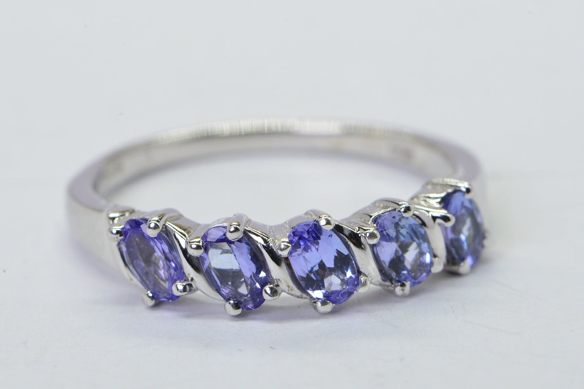 Genuine Tanzanite Sterling Silver Ring: Five Oval Stone Band, December Birthstone
