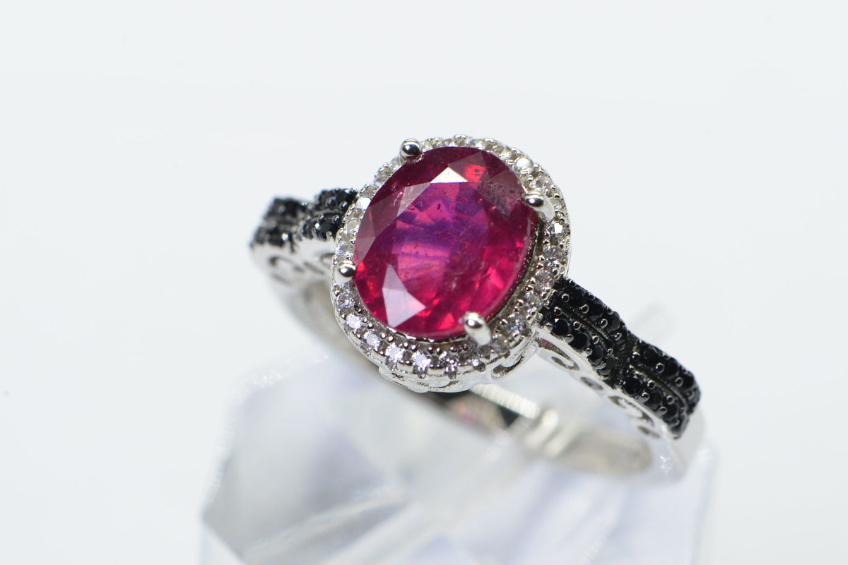 Oval Natural Ruby Black Diamond Ring Sterling Silver Promise Engagement Ring