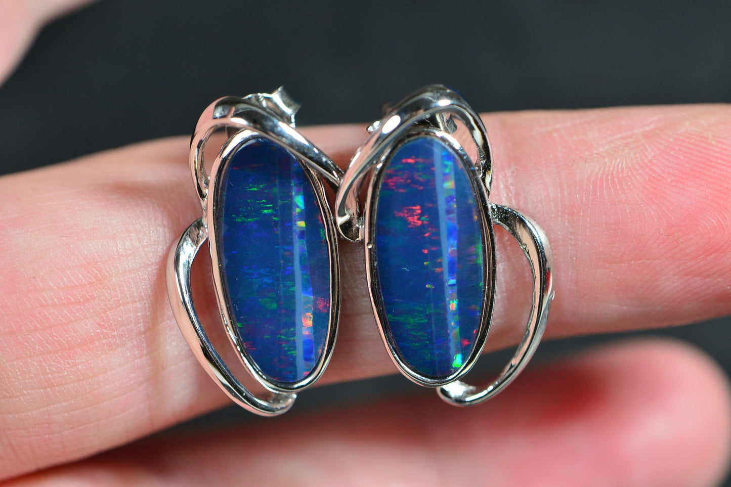 Black Opal Earrings: Sterling Silver Bezel Set, October Birthstone