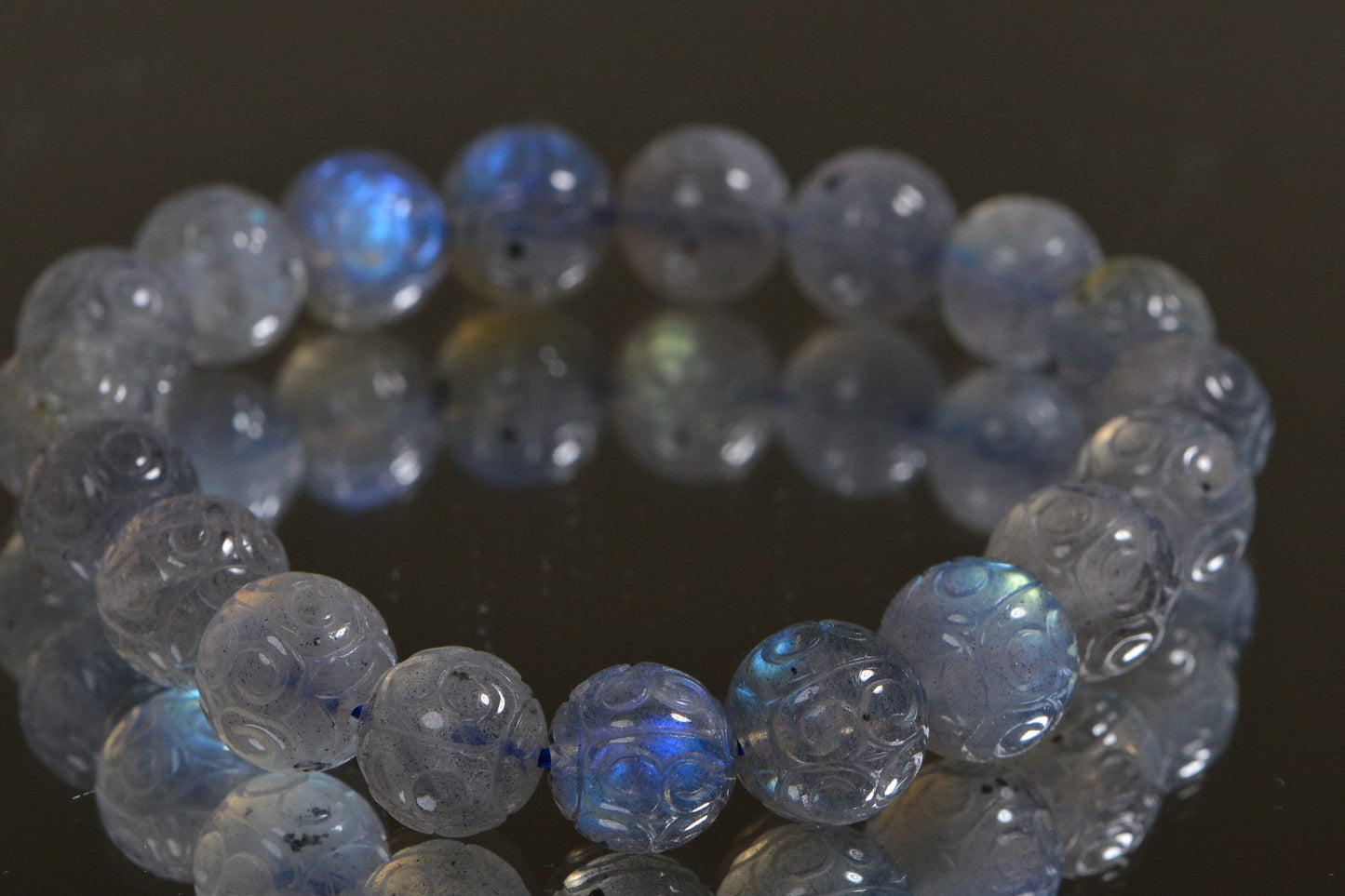 10mm Carved Labradorite Bracelet: Round Blue Flash Crystal