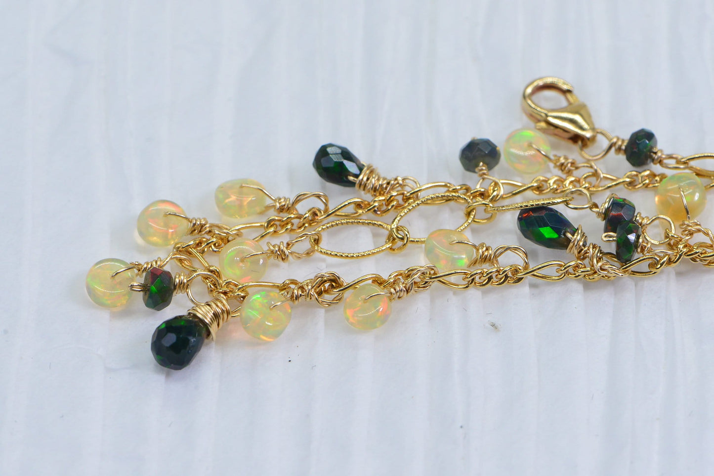 Ethiopian Welo Opal Bracelet: 14K Gold Filled Dainty Wire Wrapped Jewelry