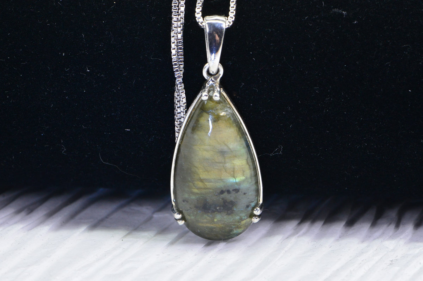 Labradorite Teardrop Pendant: Sterling Silver Gold Blue Flash Crystal