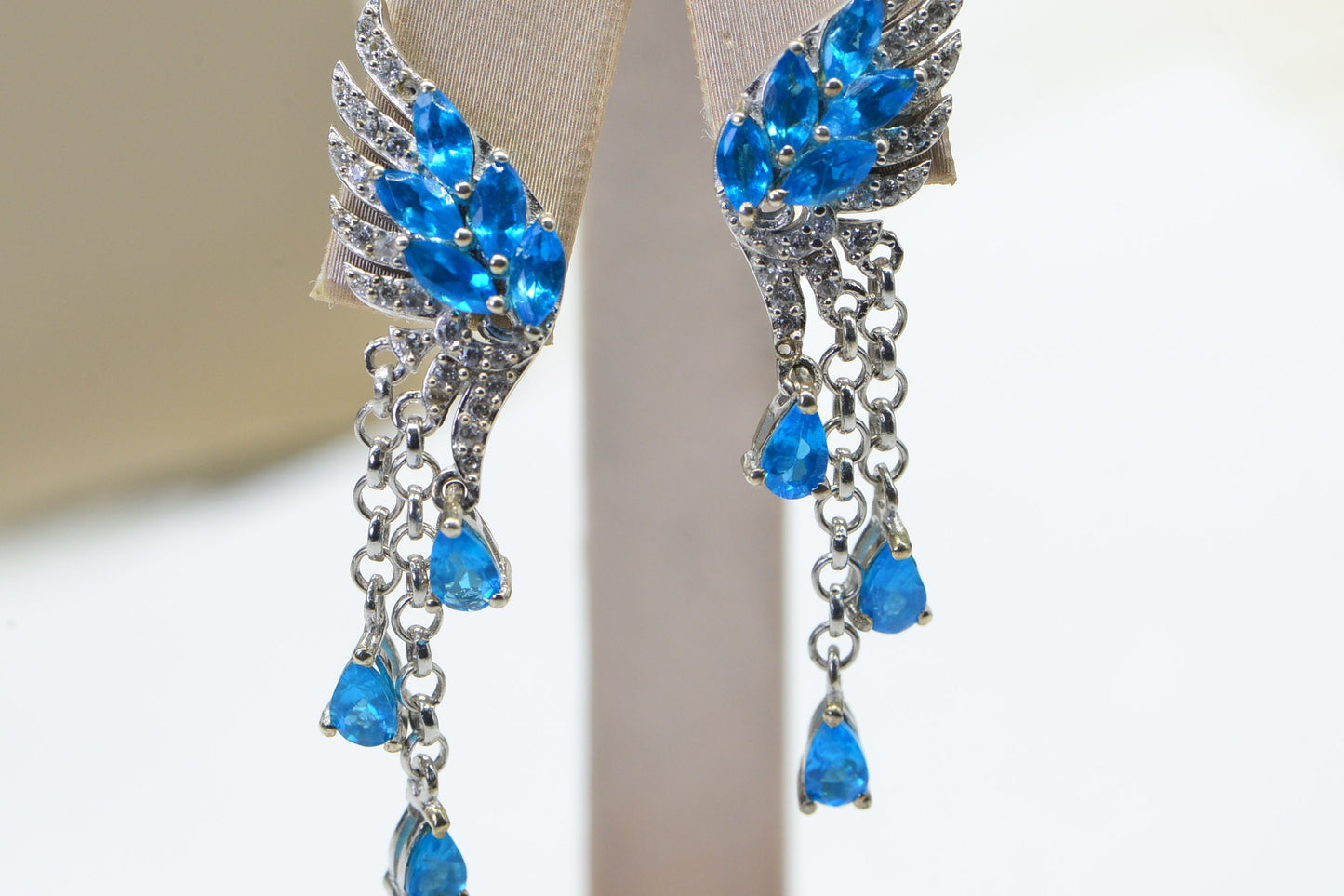 Neon Apatite Wing Earrings: Sterling Silver Drop Studs, March Birthstone
