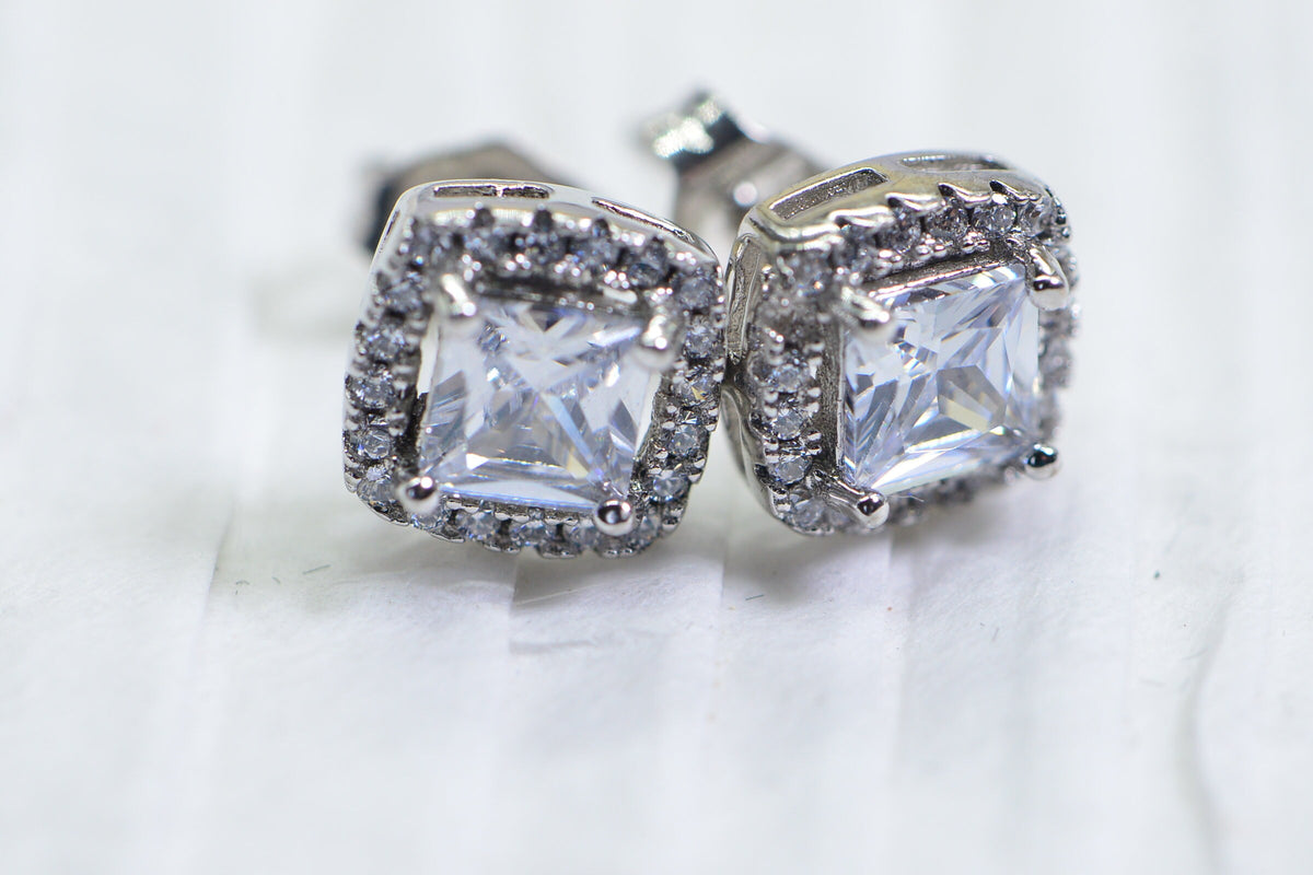 Princess Cut Halo Stud Earrings: Simulated Diamond, Sterling Silver