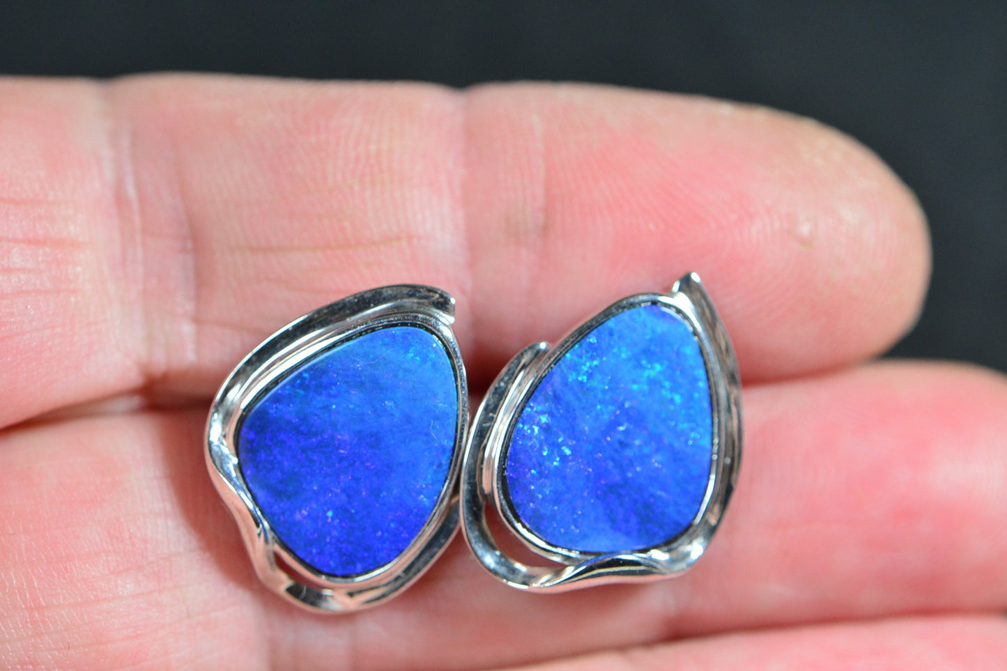Black Opal Teardrop Earrings: Sterling Silver Bezel Set, October Birthstone