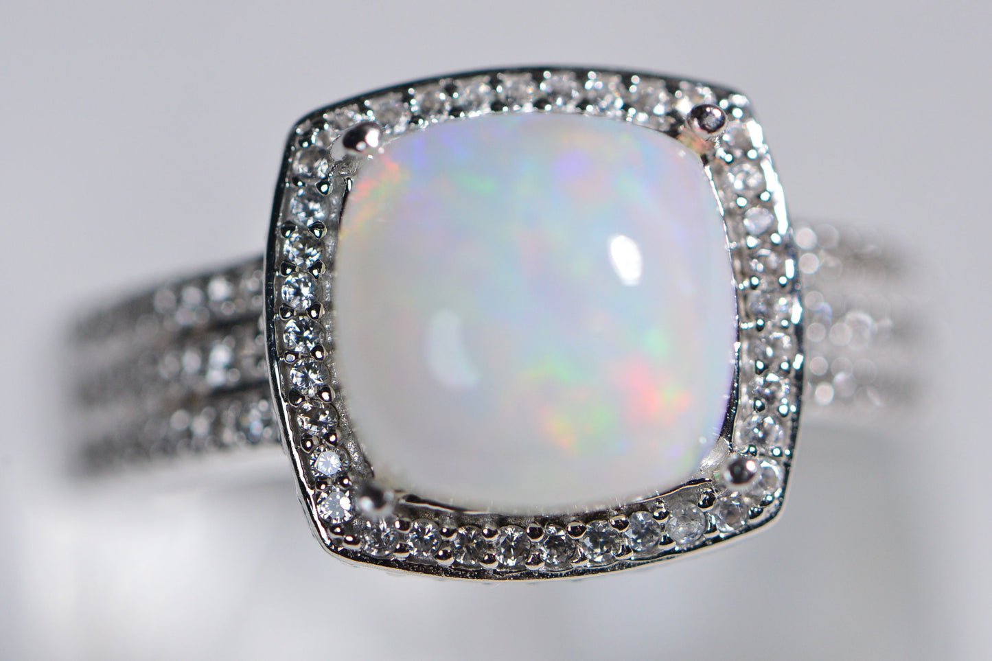 White Opal Ring: Cushion Cut Halo, Sterling Silver October Birthstone
