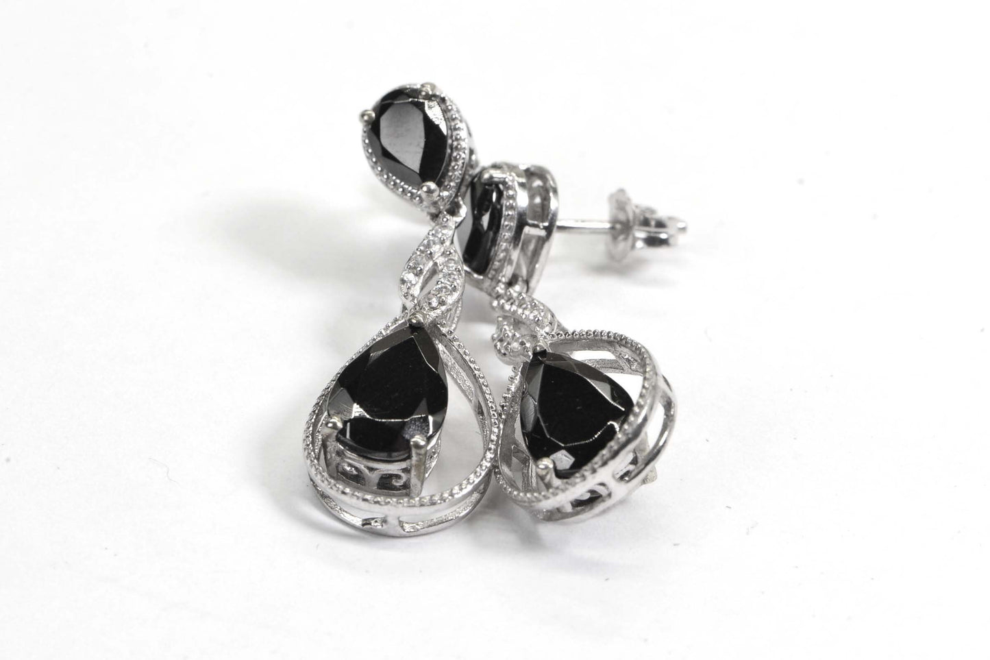 Black Spinel Teardrop Earrings: Sterling Silver Floral Post Earrings