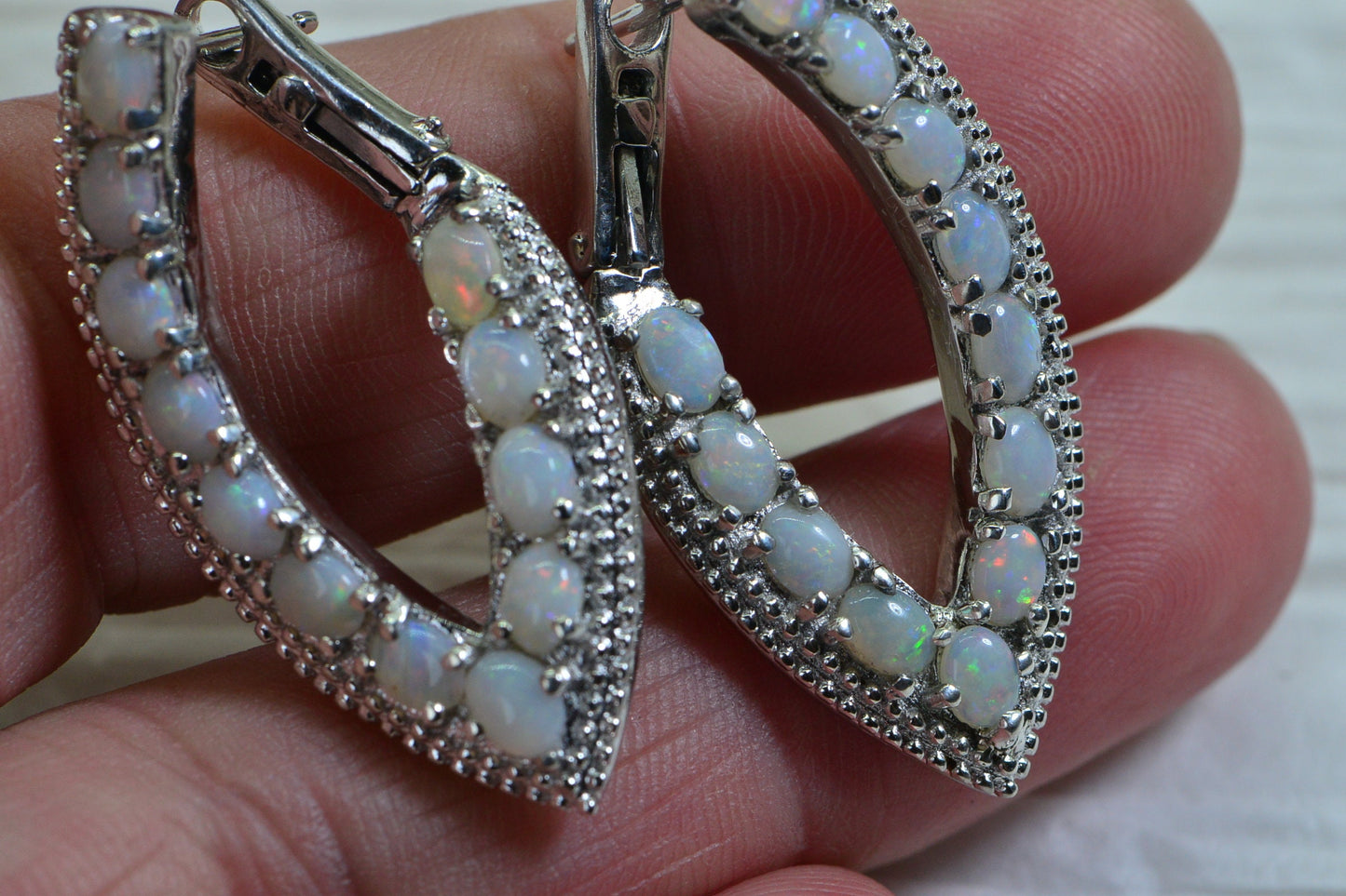 White Opal Sterling Silver Hoop Earrings, October Birthstone