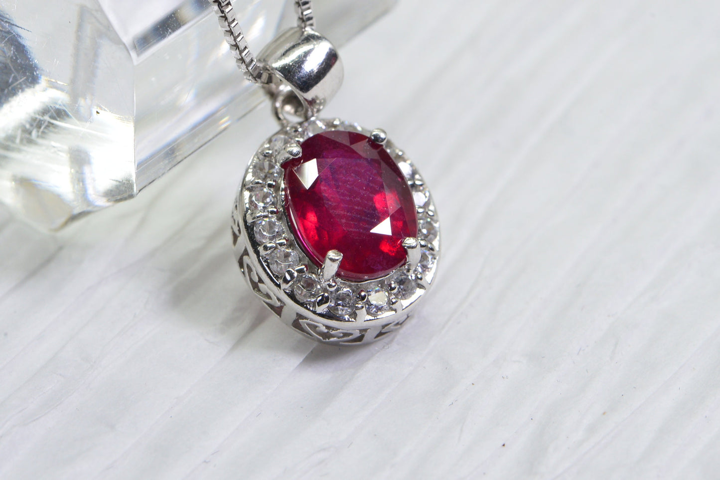 Vintage Ruby Halo Pendant, Diamond Accent, Sterling Silver