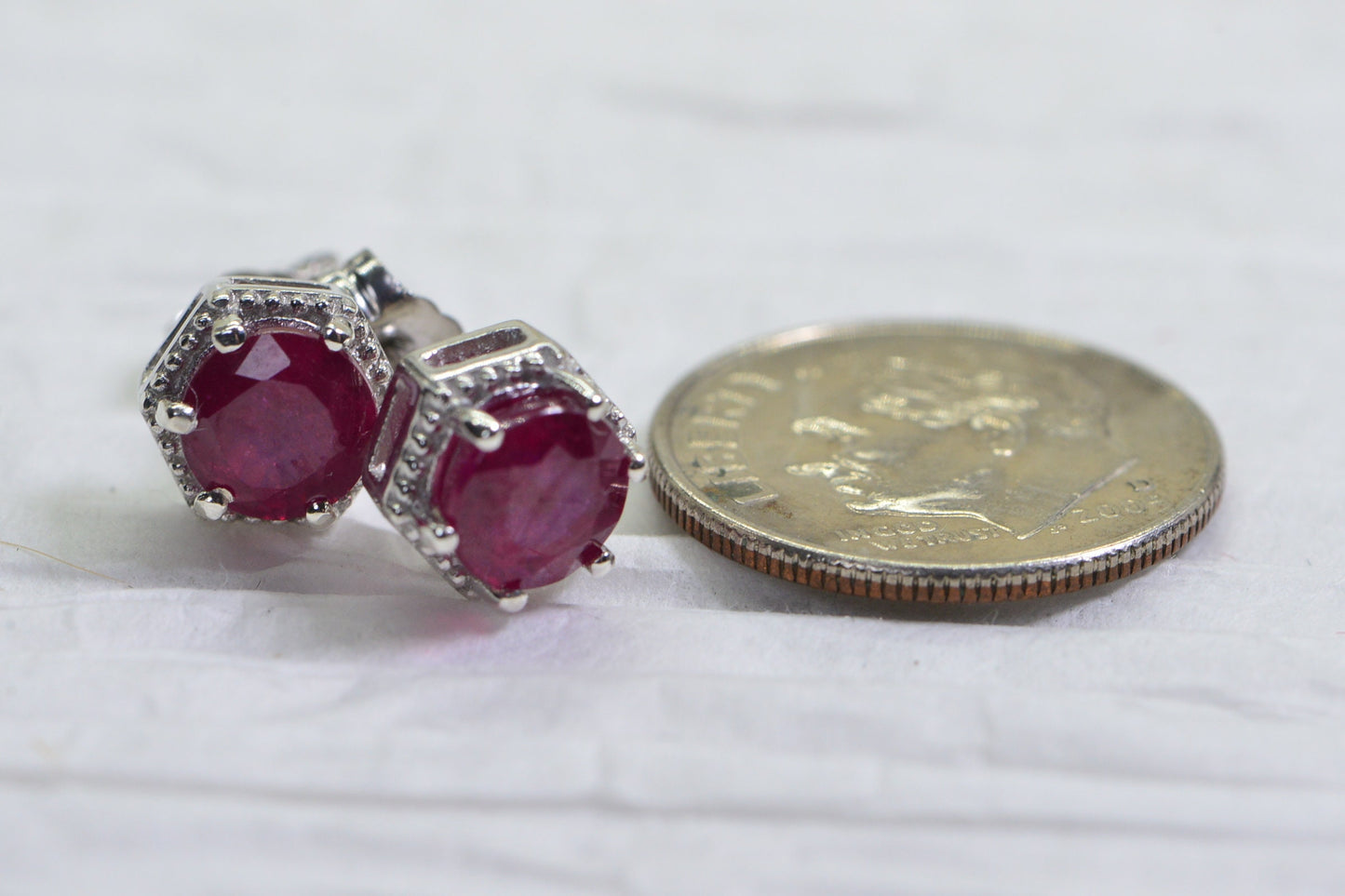 Natural Ruby Stud Earrings: Sterling Silver Basket Setting, 7mm Round