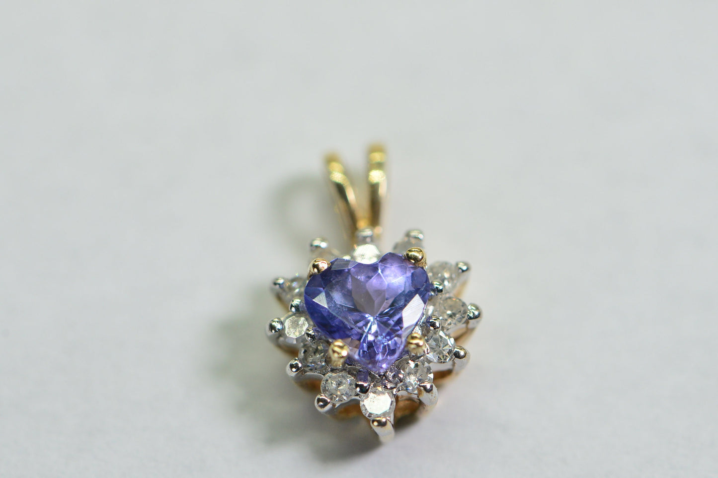 Vintage 10K Yellow Gold Tanzanite Heart Pendant with Diamond Halo