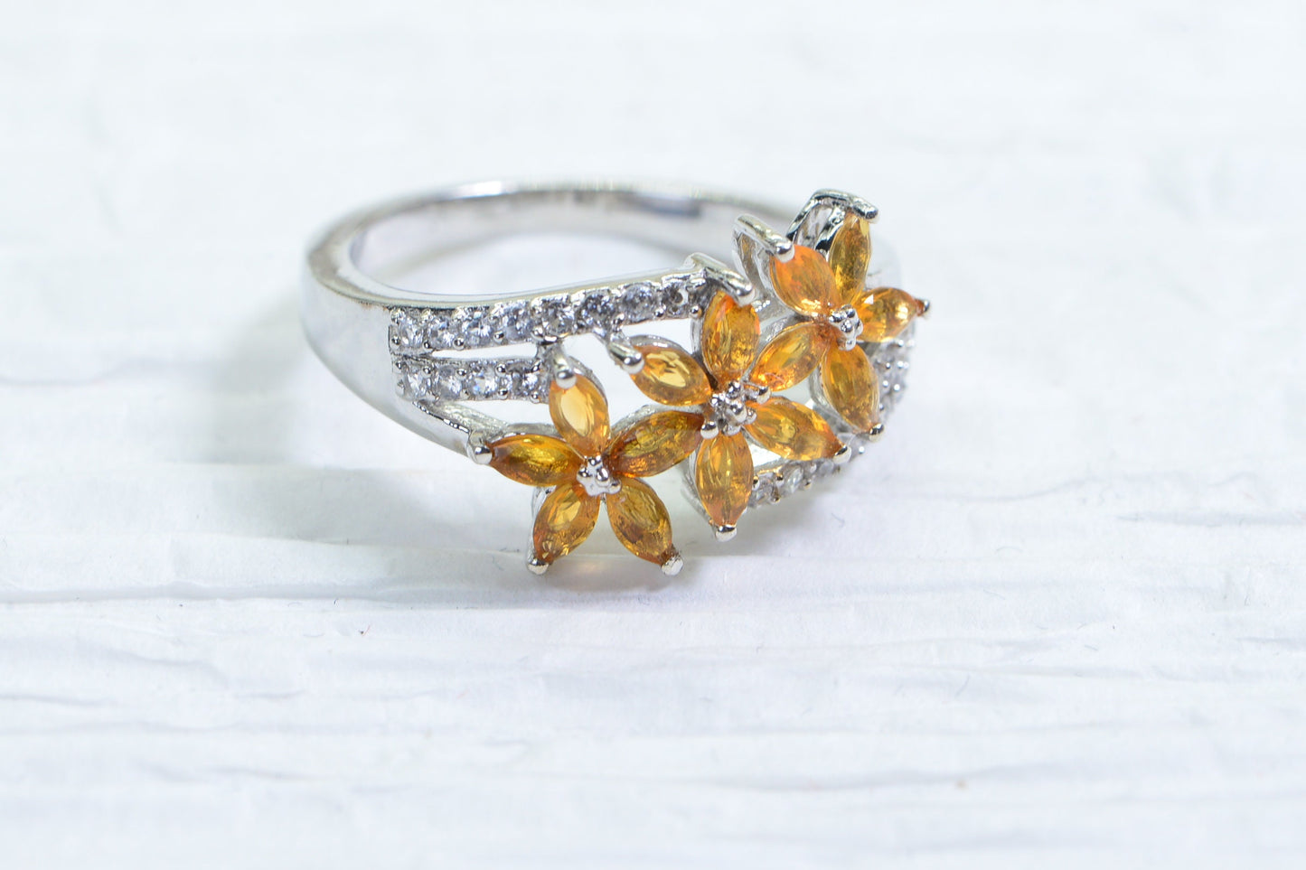 Mexican Fire Opal Cluster Three Flower Ring Sterling Silver Marquise style ring