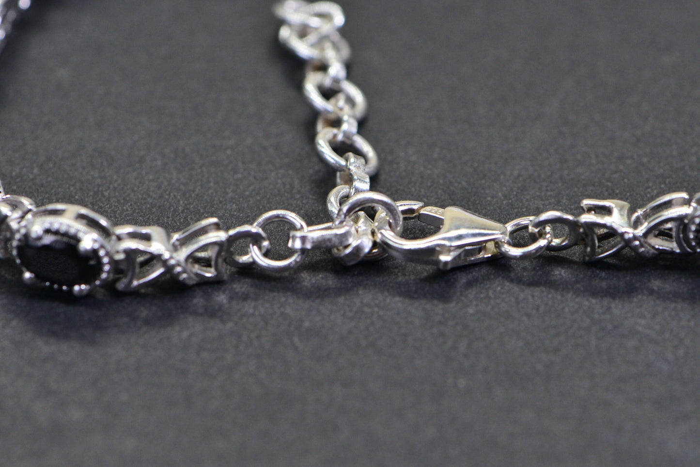 Black Spinel Tennis Bracelet, Platinum Over Sterling Silver, Vintage Style