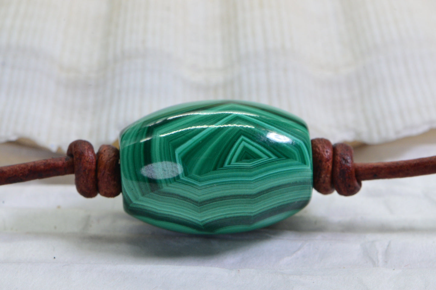 Malachite Barrel Stone Necklace, Leather Cord & Sterling Silver Clasp