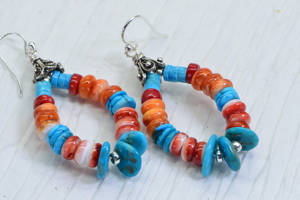 Turquoise Spiny Oyster Sterling Silver Hoop Earrings: Arizona Gemstone