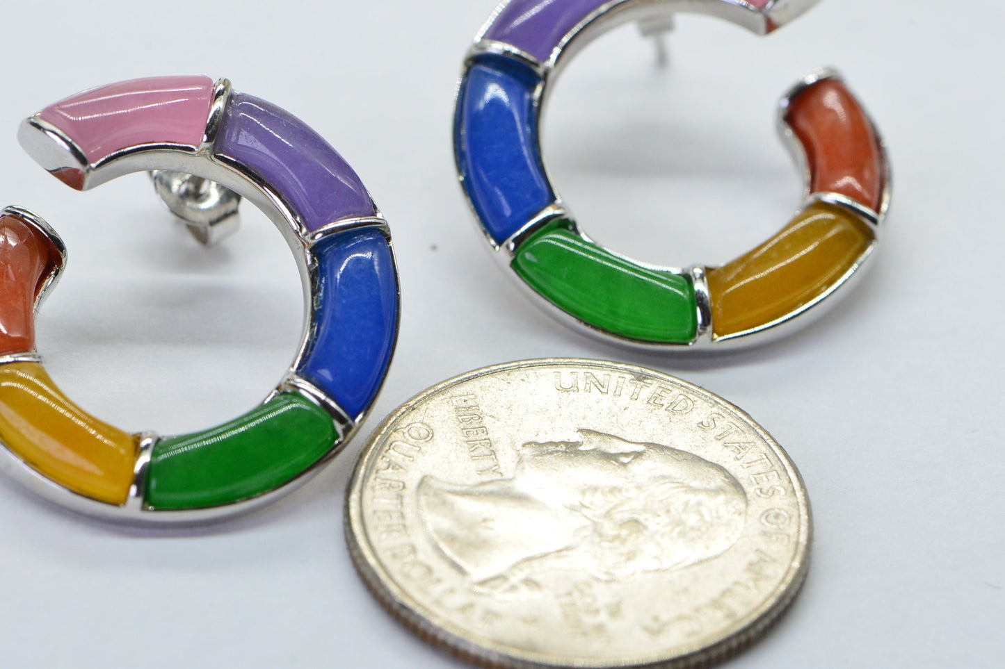 Multi Color Jade Sterling Silver Earrings: Rainbow Circle Studs